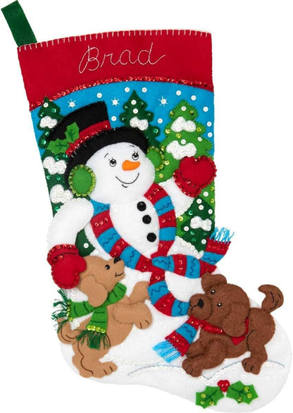 Bucilla Felt Applique Christmas Stocking Kit, 18", Snowman and Puppies