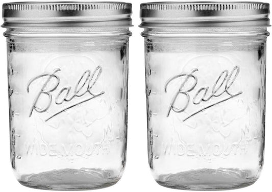 Ball Jar with Lid and Band - Pick Your Size and Color (Clear, Wide Mouth Pint - 16 oz.) Pack Of 2