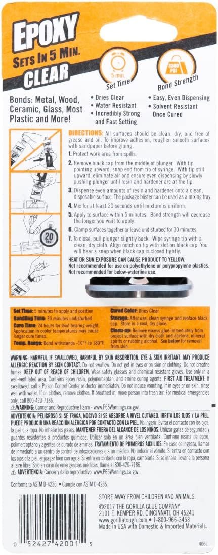 Gorilla 2 Part Epoxy, 5 Minute Set, .85 Ounce Syringe, Clear, (Pack of 1)