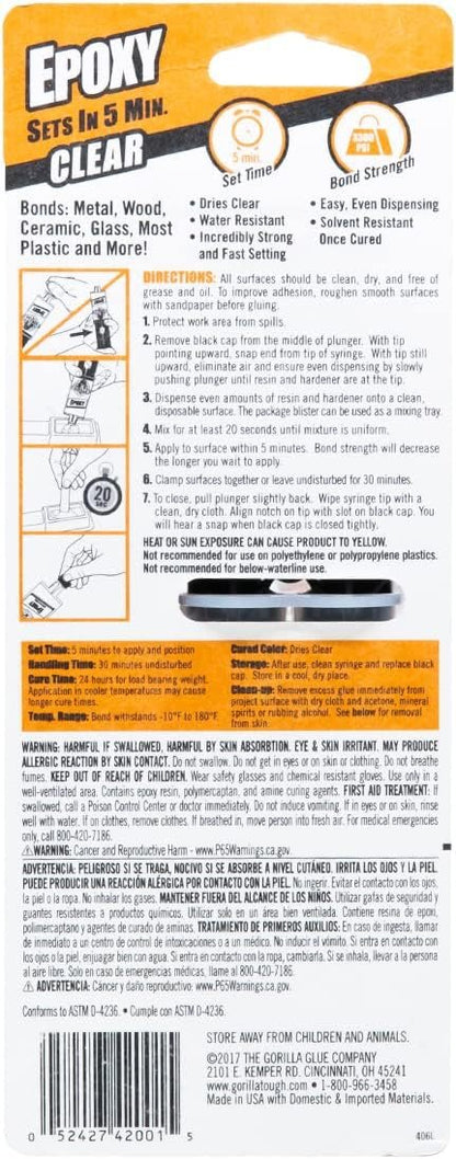 Gorilla 2 Part Epoxy, 5 Minute Set, .85 Ounce Syringe, Clear, (Pack of 1)