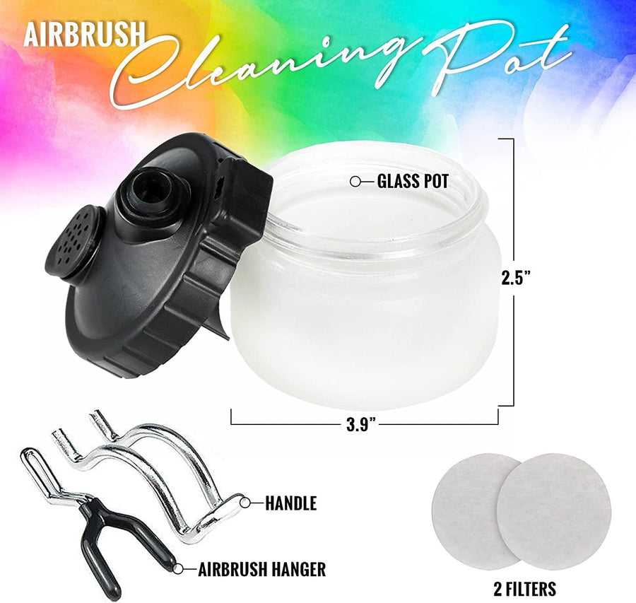 Jacquard Airbrush Paint Exciter Pack with Airbrush Cleaning Kit and Brush Cleaner Solution - Airbrush Clean Pot Glass Cleaning Jar with Holder, Air Brush Cleaner and Thinner & Accessories Kit