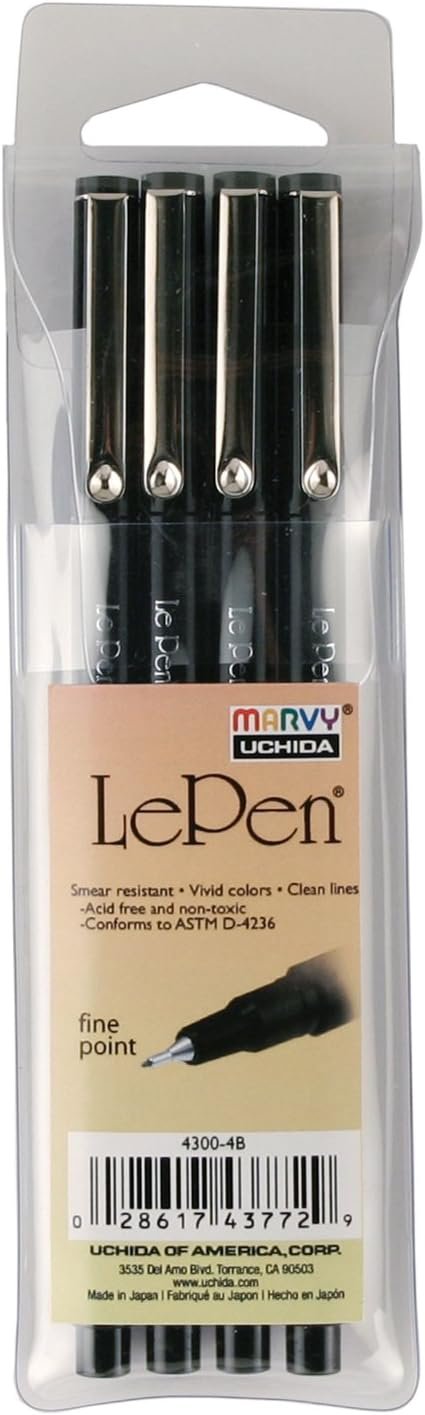 Uchida of America 4-Piece 0.3 Point Size Le Drawing Pen Set Art Supplies, 4 Count (Pack of 1), Balck