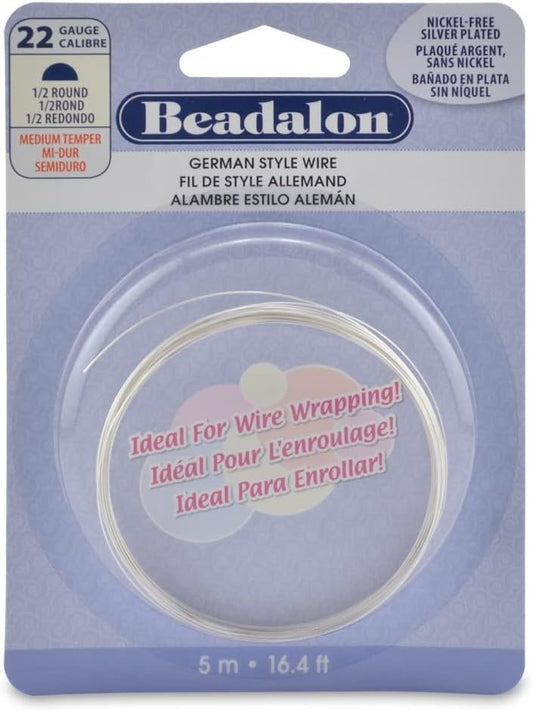 Beadalon German Style Wire, Half Round, Silver Plate, 22 Gauge/.025 in-5 m/16.4 ft
