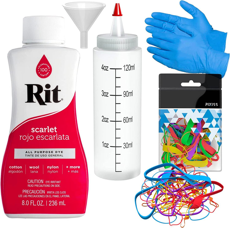 Rit Dye Liquid All-Purpose Dye 8oz, Pixiss Tie Dye Accessories Bundle with Rubber Bands, Gloves and Squeeze Bottle