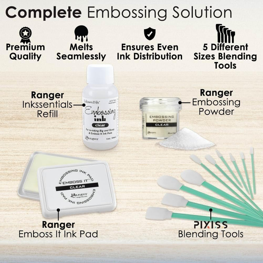 Ranger Emboss It Ink Pad and Reinker and Embossing Powder (Clear) and Blending Tools - Clear Embossing Ink Pad, Ink Refill, Embossing Powder and Blending Brush Tools for Card Making, Scrapbooking