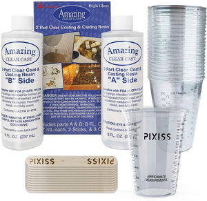 Amazing Clear Cast Resin Epoxy by Alumilite (16-Ounce), 20x Disposable Plastic Resin Mixing Cups, Pixiss Mixing Sticks Bundle