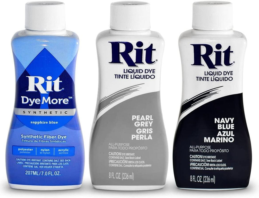 RIT Liquid Fabric Dye Kit Bundle (3-Piece Set) Navy Blue, Sapphire Blue, Pearl Grey | Clothing, Cotton, Polyester, Nylon, Satin, Linen |