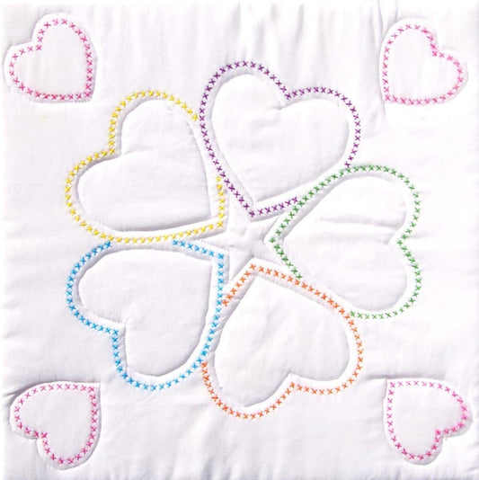 Jack Dempsey Five Cross Stitch Hearts Quilt Block for Embroidery, 6 Count, White, King