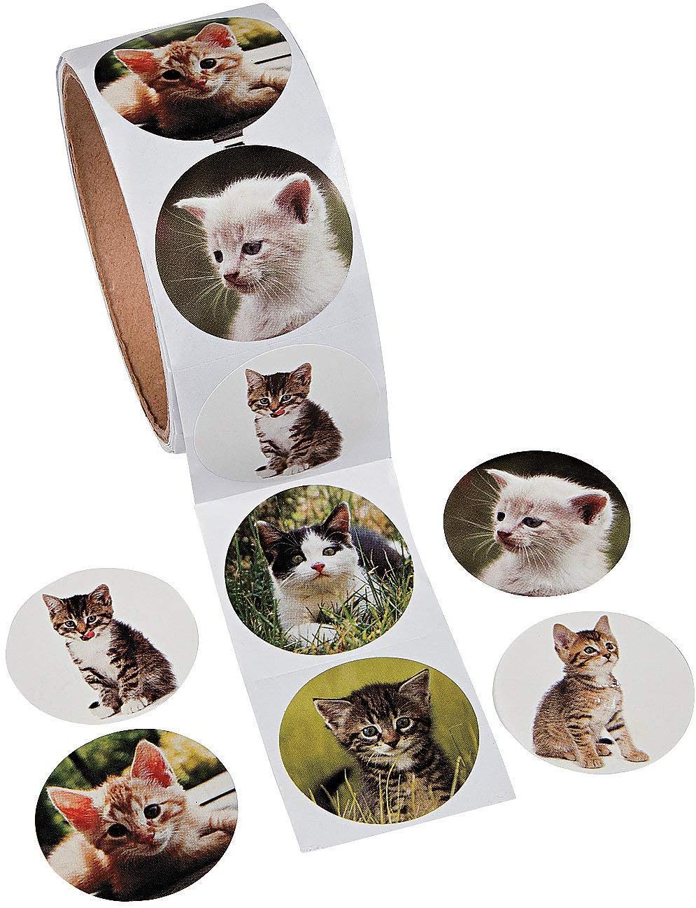 Realistic Cat Stickers (Roll of 100) – 1.5” Round, 6 Cute Photos - Great for Kids, Teachers, Party Favors, Rewards, Craft Projects, Water Bottles, Scrapbooks, Calendars, Planners, and Journals