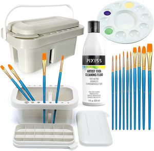 Pixiss Paint Brush Cleaner Basin - Brush Basin, Paint Brush Rinser, Paint Brush Holder, Paint Organizer for Acrylic Painting with Palettes, 4 Ounce Brush Cleaner Solution, and 10 Paint Brushes