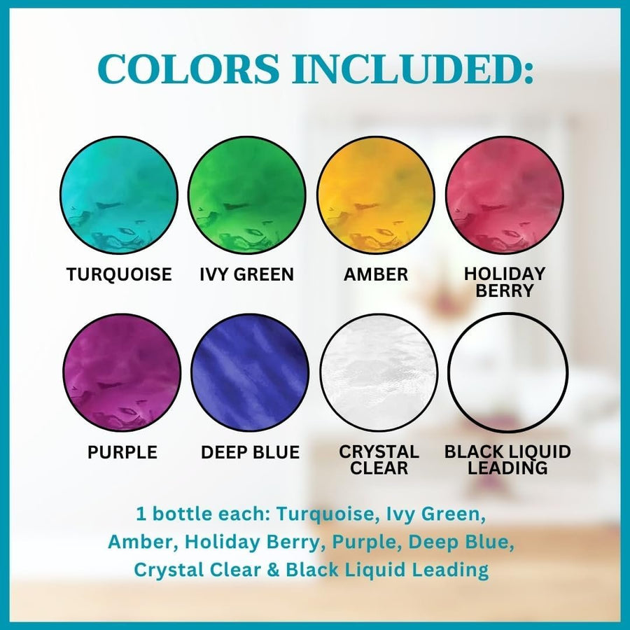 Gallery Glass (2 fl oz Jewel Tones) and 16 Pixiss Stencils for Crafts - Stained Glass Paint and Liquid Leading for Faux Stained Glass Painting with Paint Stencils for Spray Paint, Drawing, etc
