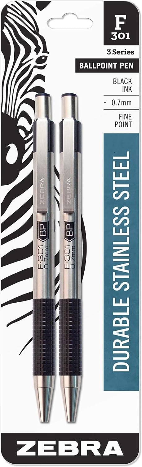 Zebra Pen F-301 Retractable Ballpoint Pen, Stainless Steel Barrel, Fine Point, 0.7mm, Black Ink, 2-Pack
