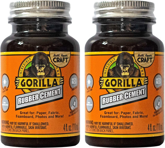 Gorilla Rubber Cement with Brush Applicator, 4 Fl oz, Clear, (Pack of 2)