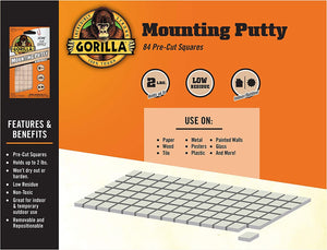 Gorilla Mounting Putty, Non-Toxic Hanging Adhesive, Removeable & Repositionable, 84 Pre-Cut Squares, 2oz/56g, Natural Tan Color, (Pack of 1)