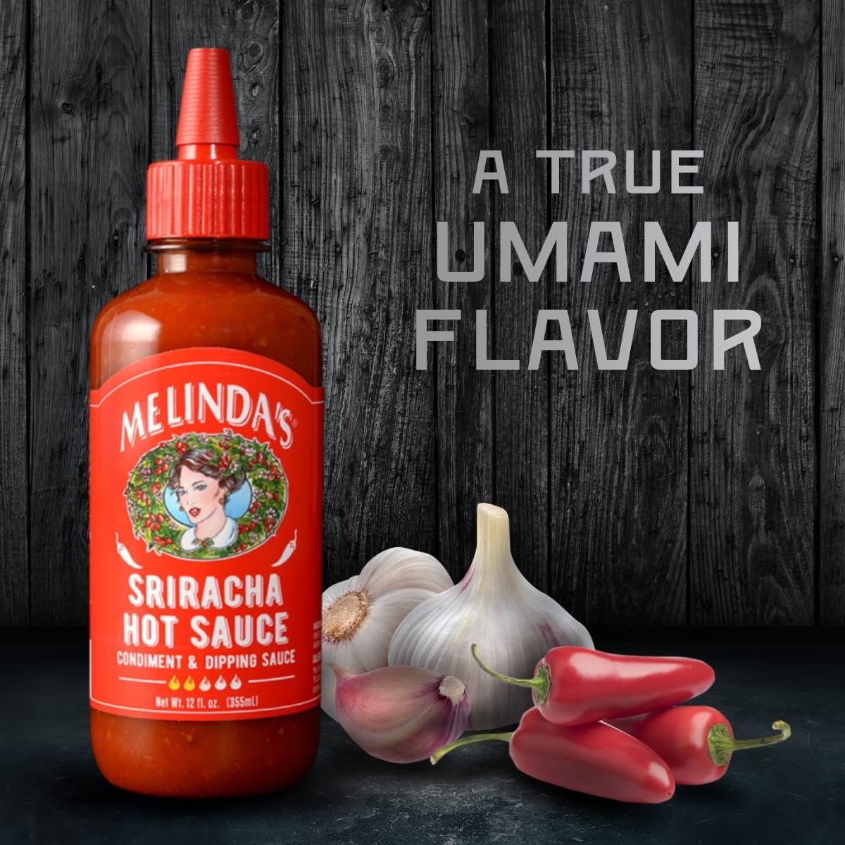 Melinda’s Sriracha Hot Sauce - Classic, Gourmet Sriracha Sauce Made with Fermented Red Jalapeños & Garlic - Keto, Kosher, Vegan, Non-GMO and Gluten Free Hot Sauce - 12oz, 1 Pack