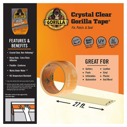 Gorilla Crystal Clear Repair Duct Tape, 1.88” x 9 yd, Clear, (Pack of 1)