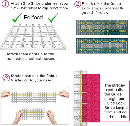 Guidelines4quilting - Quilt Ruler Upgrade Kit - Mistake Proof & Slip Proof Your 12" & 24” Quilt Rulers (or 12½" & 24½") - Cut Faster and More Accurately - for Both Right & Left-Handers