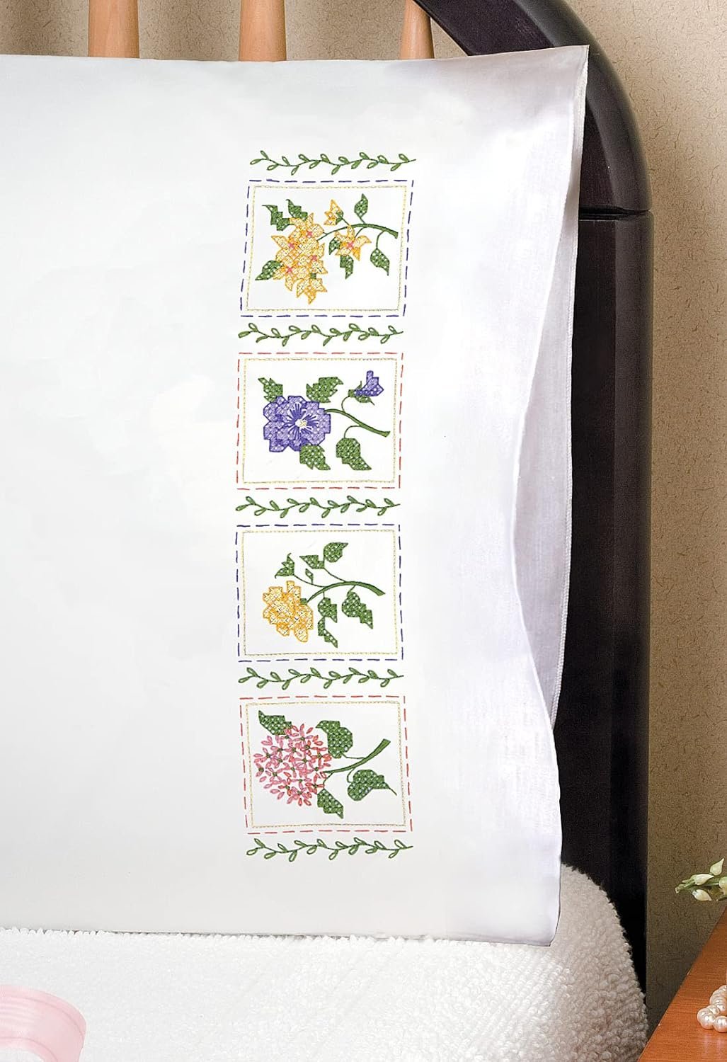 Tobin Flower Patch Stamped for Embroidery Pillowcases 20" x 30"
