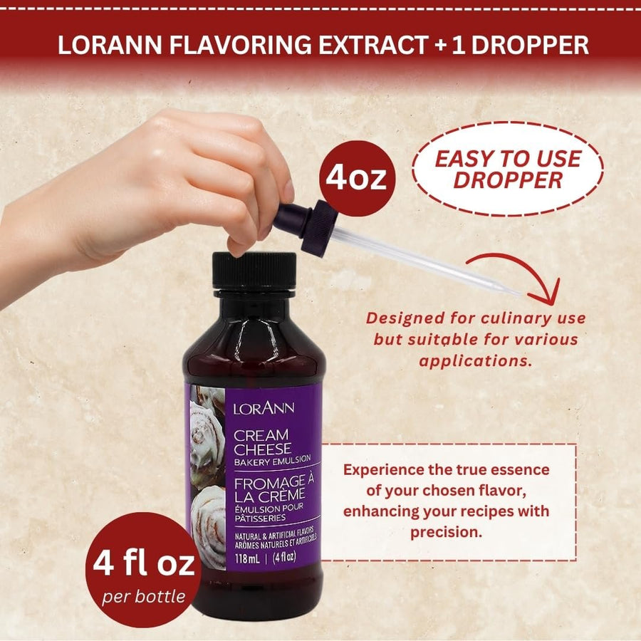 LorAnn Flavoring Extract (4 oz) Cream Cheese with 4 oz Eye Dropper - Extracts and Flavorings for Baking and Lip Gloss Flavoring, Candy Making, etc