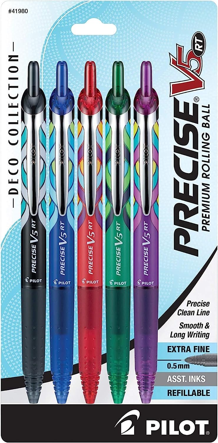 PILOT Precise V5 RT Deco Collection Refillable & Retractable Liquid Ink Rolling Ball Pens