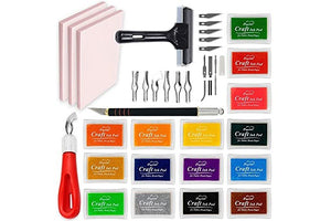 Stamp Carving Kit, 3 Rubber Blocks, Brayer, Lino Carving Tool, Precision Knife Kit, 15 Stamp Ink Pads