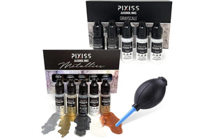 PIXISS Alcohol Ink Set - 5 Metallics & 5 Grayscale With Ink Blower