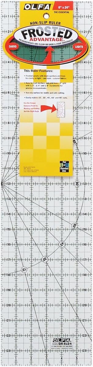 OLFA 6" x 24" Frosted Acrylic Ruler (QR-6x24) - Non Slip 6x24 Inch Acrylic Ruler with Grid & Angle Markings for Cutting Fabric, Sewing, Quilting, & Crafts
