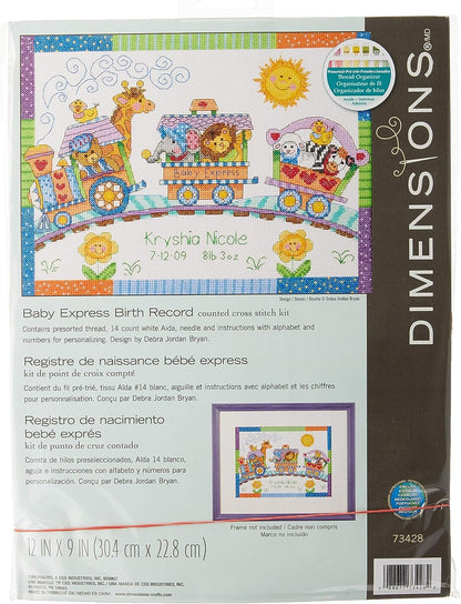 Dimensions Counted Cross Stitch Kit Baby Express Birth Record Personalized Baby Gift, 14 Count White Aida, 12" x 9"