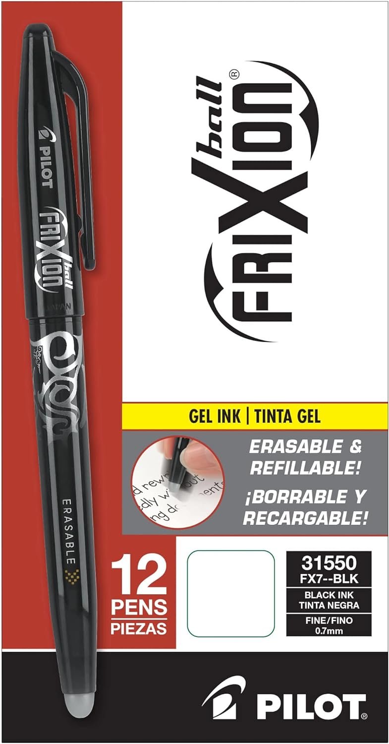 Pilot, FriXion Ball Erasable & Refillable Gel Ink Pens, Fine Point 0.7 mm, Pack of 12, Black