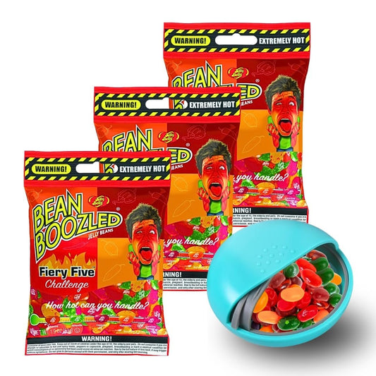 Jelly Belly Bean Boozled Fiery Five (3 pack) and Mini Candy Disepenser (7.5cm x 2.5cm) - Includes 3 bags of 1.9 oz Fiery Five Jellybeans Candy and Small Travel Case for Athletes, Runners, Travel