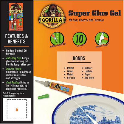 Gorilla Super Glue Gel, Two 3 Gram Tubes, Clear, (Pack of 1)