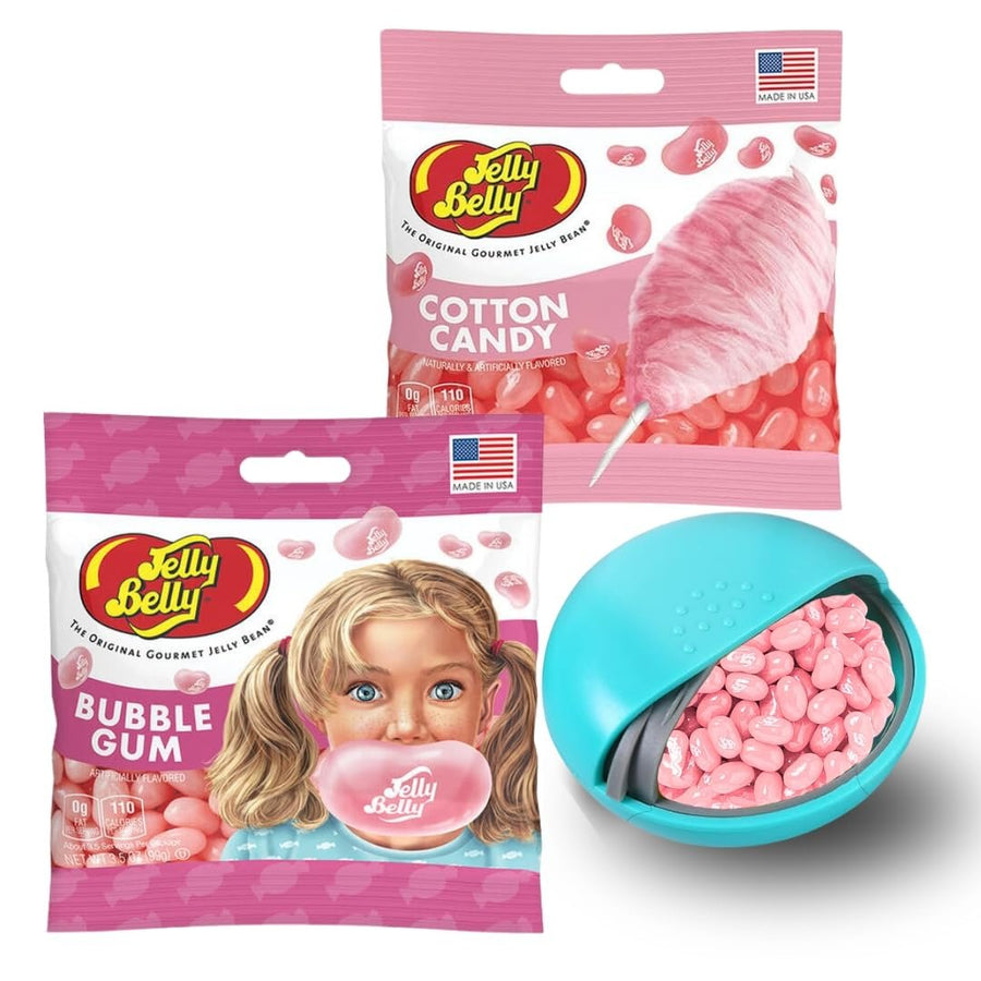 Bubblegum and Cotton Candy Jelly Beans (3.5oz each) - Mini Candy Dispenser (7.5cm x 2.5cm) - Authentic Jelly Belly Flavors - Pocket Size Travel Case for Desktops - Iconic Pink Candy Gift Bundle