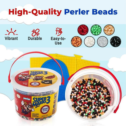 Super Mario Bros 3 Perler Beads Set with Perler Bead Pegboard (x3), Perler Tweezers (x2) and Ironing Paper - Fuse Bead Kit for Mini Beads Pixel Art - 5000 pcs Perler Beads Kit