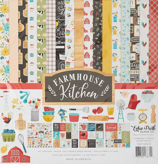 Echo Park Paper Company Farmhouse Kitchen Collection Kit Paper, red, Yellow, Teal, Woodgrain, Balck , 12-x-12-Inch