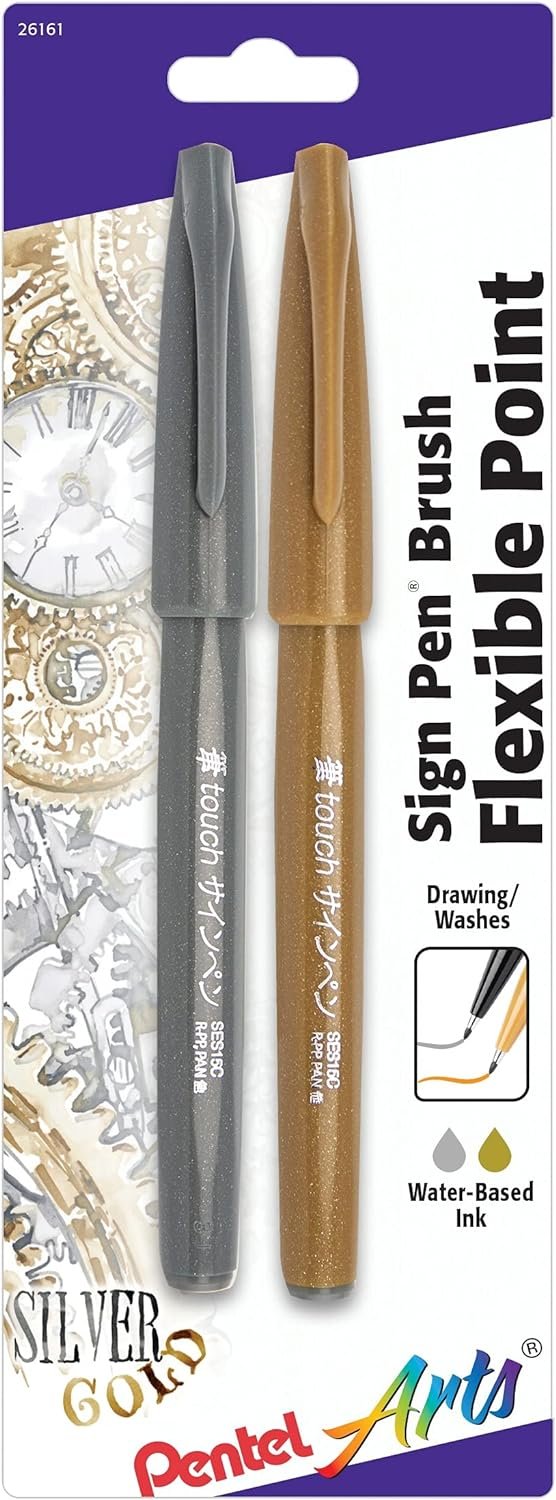 Pentel Arts Sign Pen Brush Tip, Ochre Ink, Box of 12 (SES15C-Y)