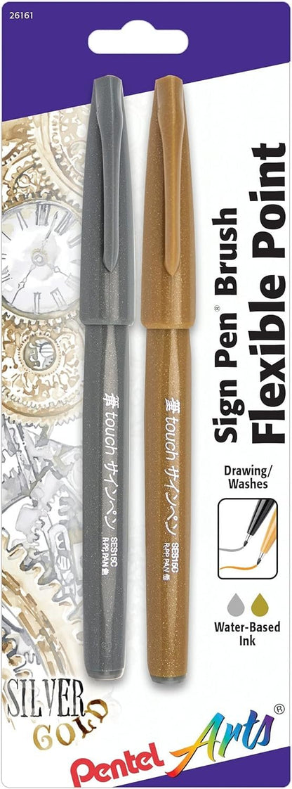 Pentel Arts Sign Pen Brush Tip, Ochre Ink, Box of 12 (SES15C-Y)