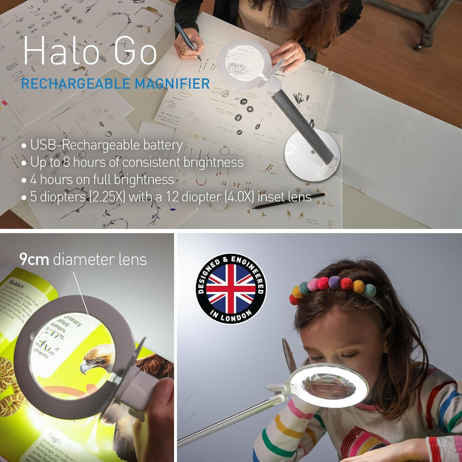 Daylight Company Halo Go Magnifier Lamp, Rechargeable USB, Portable, Lightweight, Desk Lamp Reading, Hobbies, Sewing, Crafts, Nail Salon, Handcrafts and More, Colour Temperature: 6,000 K, White