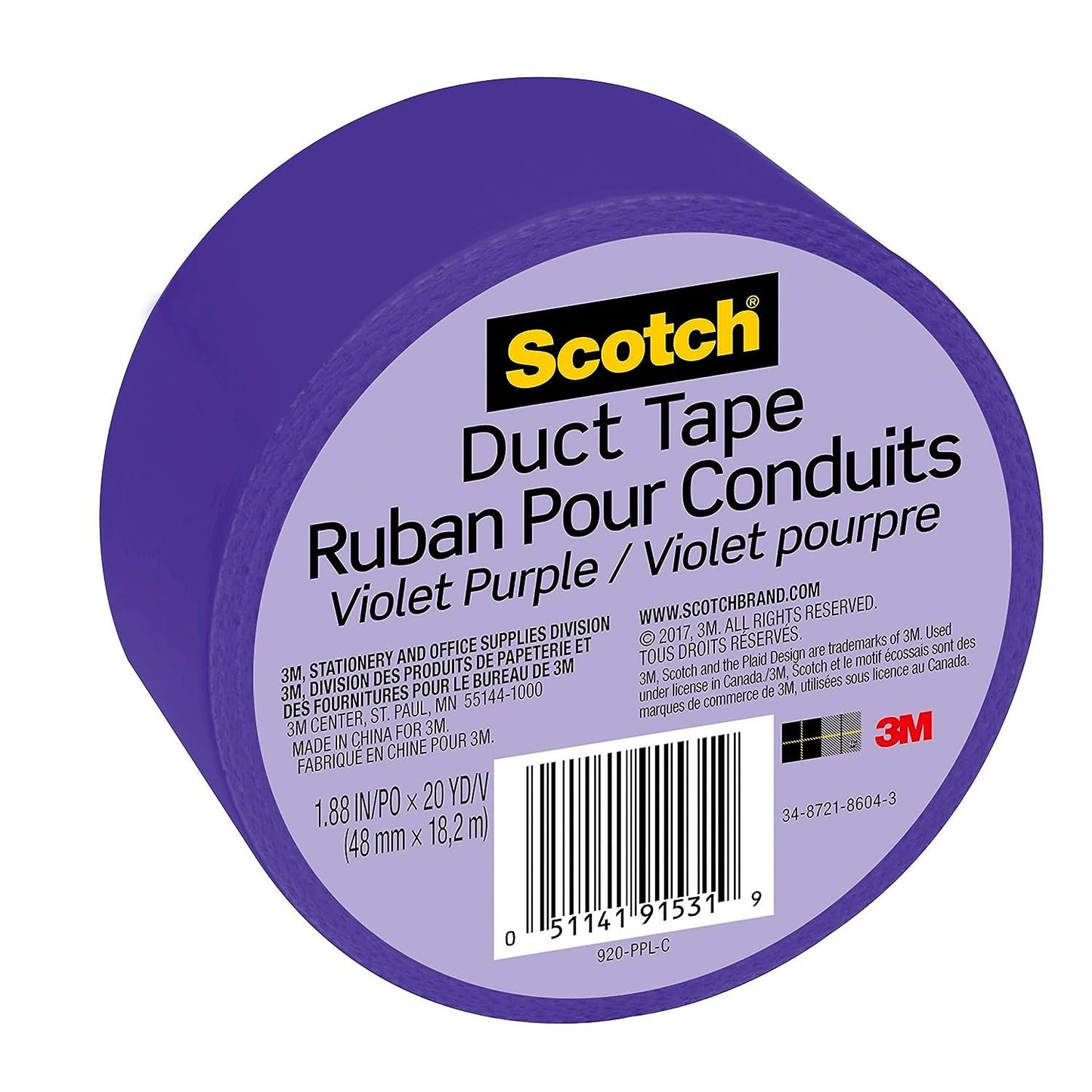Scotch Duct Tape, 1.88 in x 20 yd, Violet Purple, 1 Roll (920-PPL-C)
