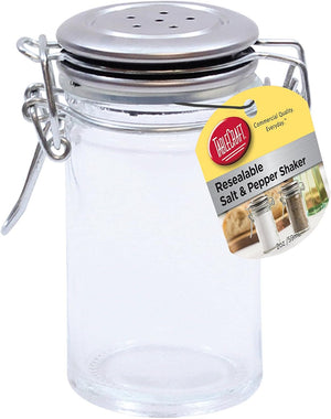 TableCraft's 2-Ounce Resealable Salt & Pepper Shaker, Glass Jar with Stainless Steel Clip-Top Lid, Clear