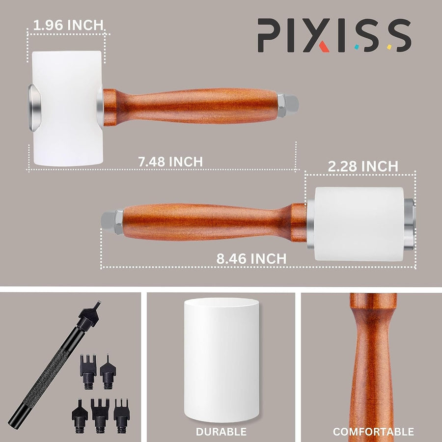 Leather Working Tools Set by Pixiss - Small Hammer and Leather Stamping Tools (39 pcs) - Leather Hole Punch for Belts with 39 Various Leather Cutting Dies for Leather Working Tools and Supplies