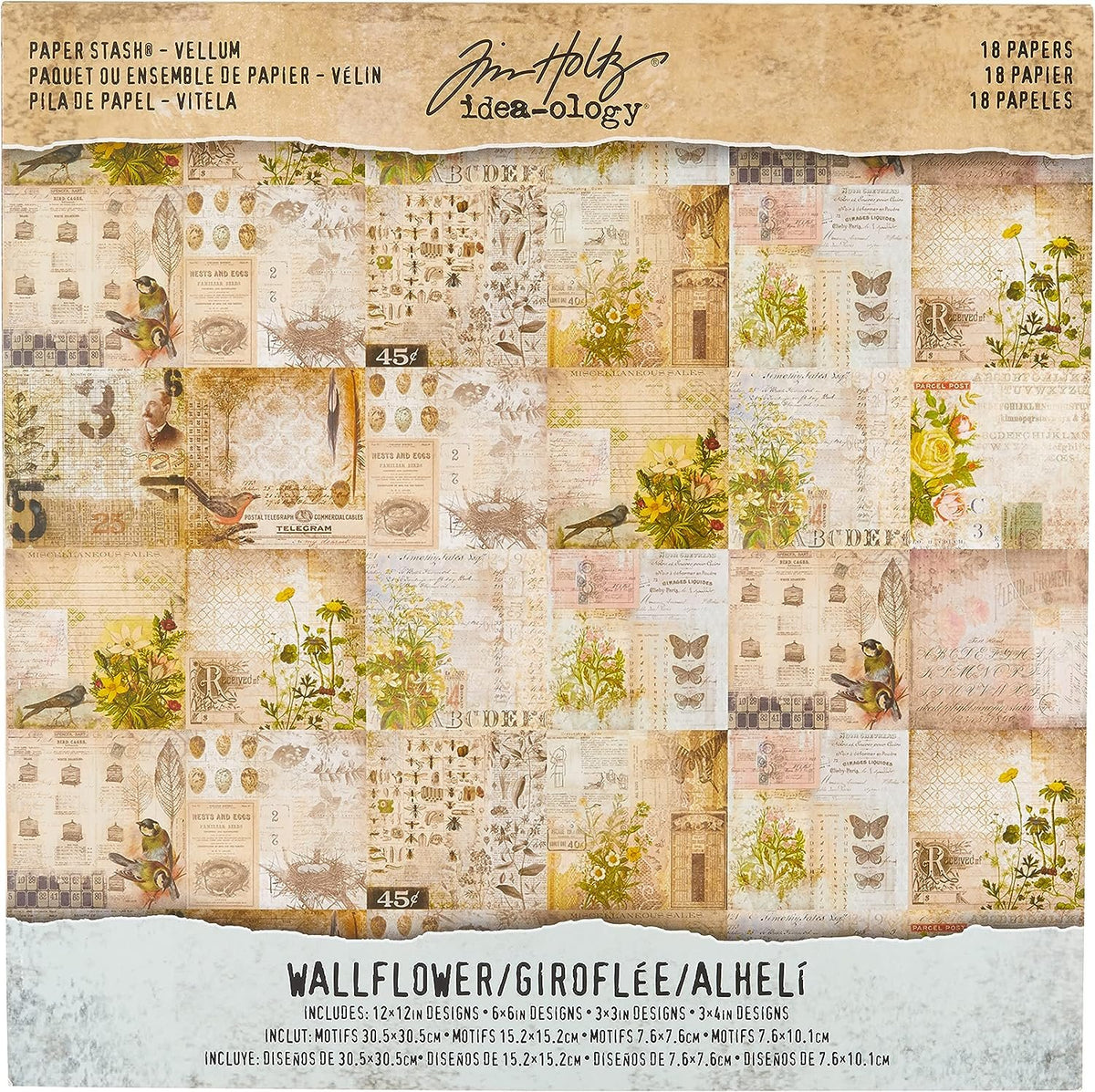 Tim Holtz Idea-ology Paper Stash, Vellum, Wallflower, 18-Sheet Pack, 12 x 12 Inches Each, (TH93148)