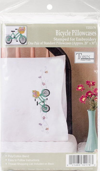 Tobin Stamped Pillowcases, Bicycle, 20" x 30" Embroidery Kit, white