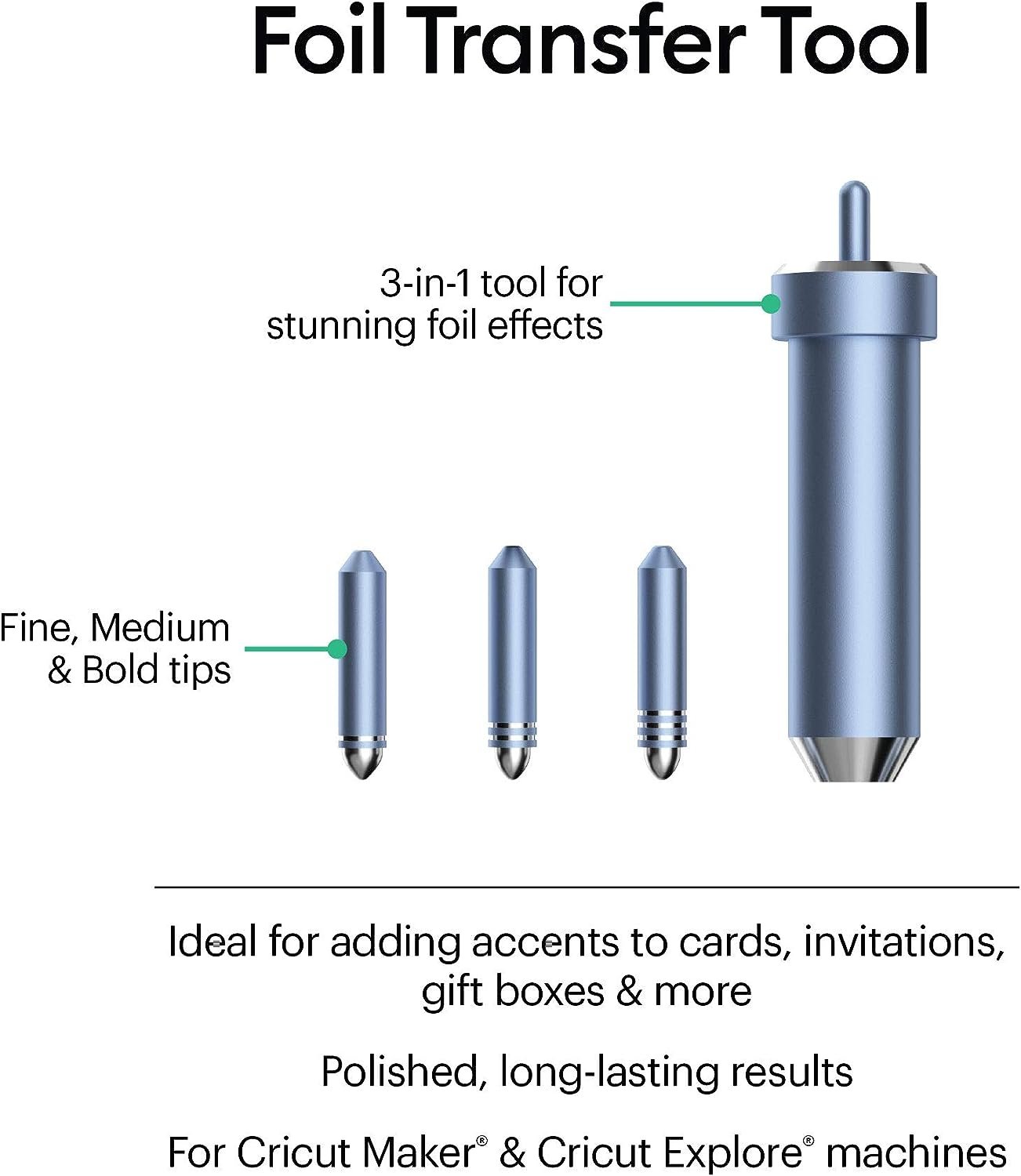 Cricut Foil Transfer Kit, Includes 12 Foil Transfer Sheets, 3 Cricut Tools in 1 with Interchangeable Tips (Fine, Medium & Bold), Tool Housing & Adhesive Tape, For Cricut Maker & Explore Machines
