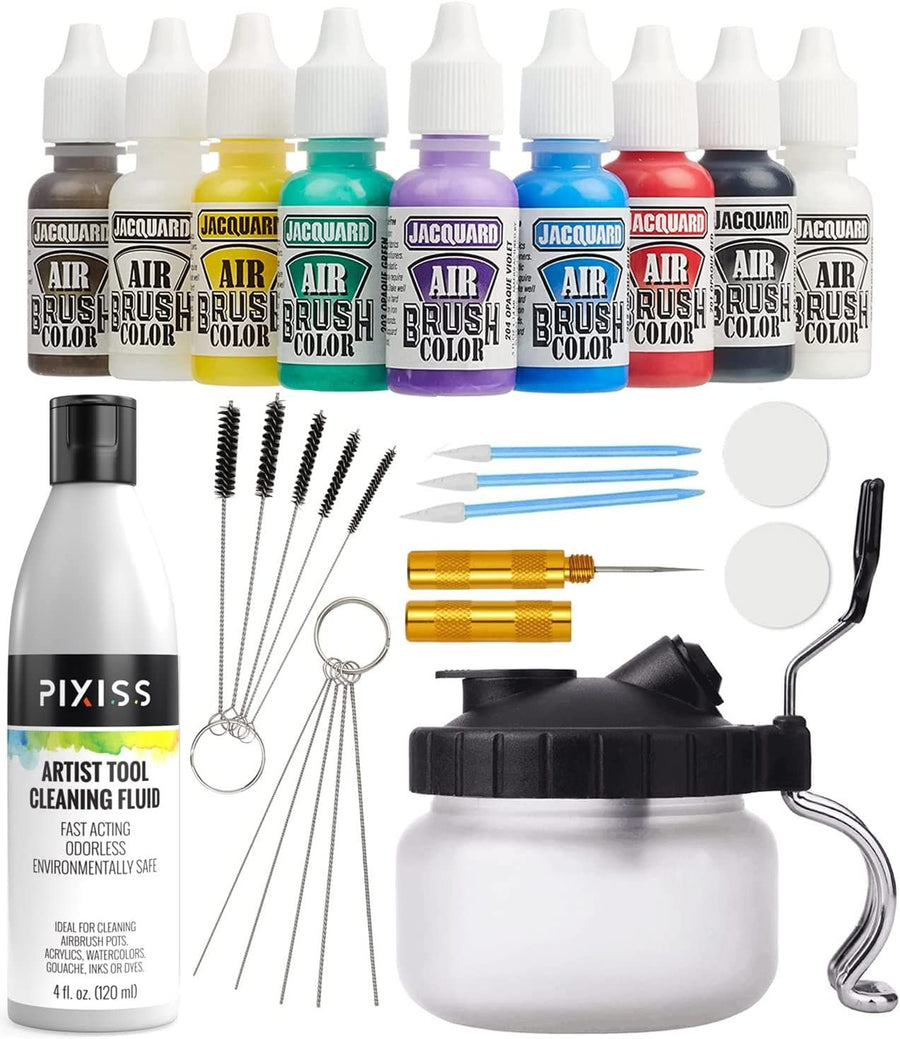 Jacquard Airbrush Paint Exciter Pack with Airbrush Cleaning Kit and Brush Cleaner Solution - Airbrush Clean Pot Glass Cleaning Jar with Holder, Air Brush Cleaner and Thinner & Accessories Kit