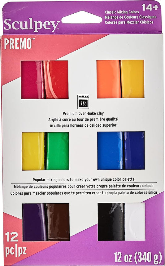 Sculpey Premo Classic Mixing Color sampler pack, 12 colors, Polymer Oven-Bake Clay, Non Toxic, 12 oz., Great for jewelry making, holiday, DIY, mixed media and home décor projects