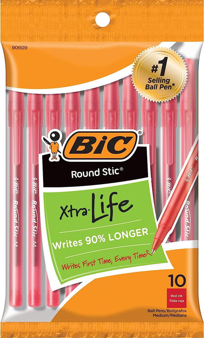 BIC Round Stic Xtra Life Ballpoint Pen, Medium Point (1.0mm), Red, 10-Count