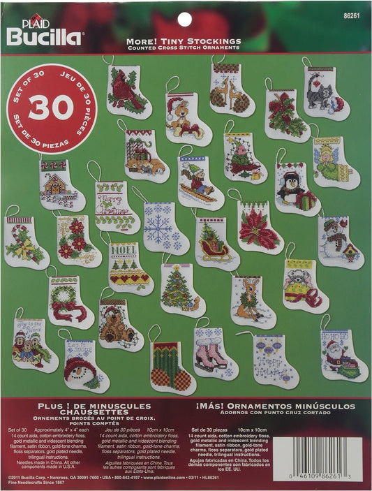 Bucilla Counted Cross Stitch Ornament Kit, 3.5 by 3.5-Inch, 86261 More Tiny Stockings (Set of 30)