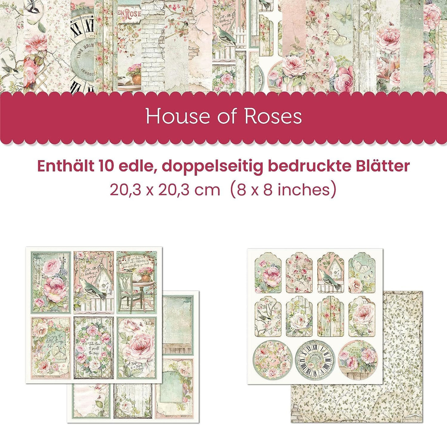 STAMPERIA INTERNATIONAL, KFT PAPER PAD 8X8 10PK HOUSE ROSE, 20.3 x 20.3 (8" x 8"), Multicoloured