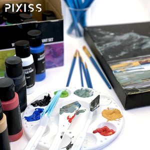 Pixiss Acrylic Paints Set of 16 (59 ml/2fl.oz), Paint Brush 10 Piece Set, 5x5-Inch Canvases 3 Pack, Art Supplies Paint Set for Casual Painters Great for Canvas Painting