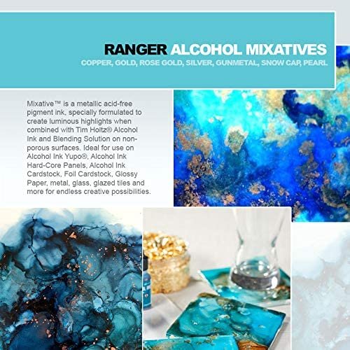 Ranger Tim Holtz Alcohol Ink Mixatives Bundle - All 7 Colors, Pearl, Copper, Silver, Gold, Snow Cap, Rose Gold, Gunmetal, 10 Pixiss Precision Ink Blending Tools